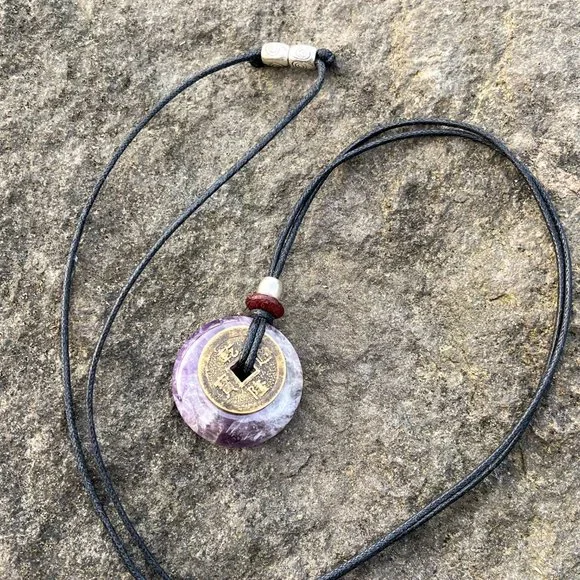 Amethyst Crystal Gemstone Handmade Necklace with Lucky Coin - Picture 5 of 5